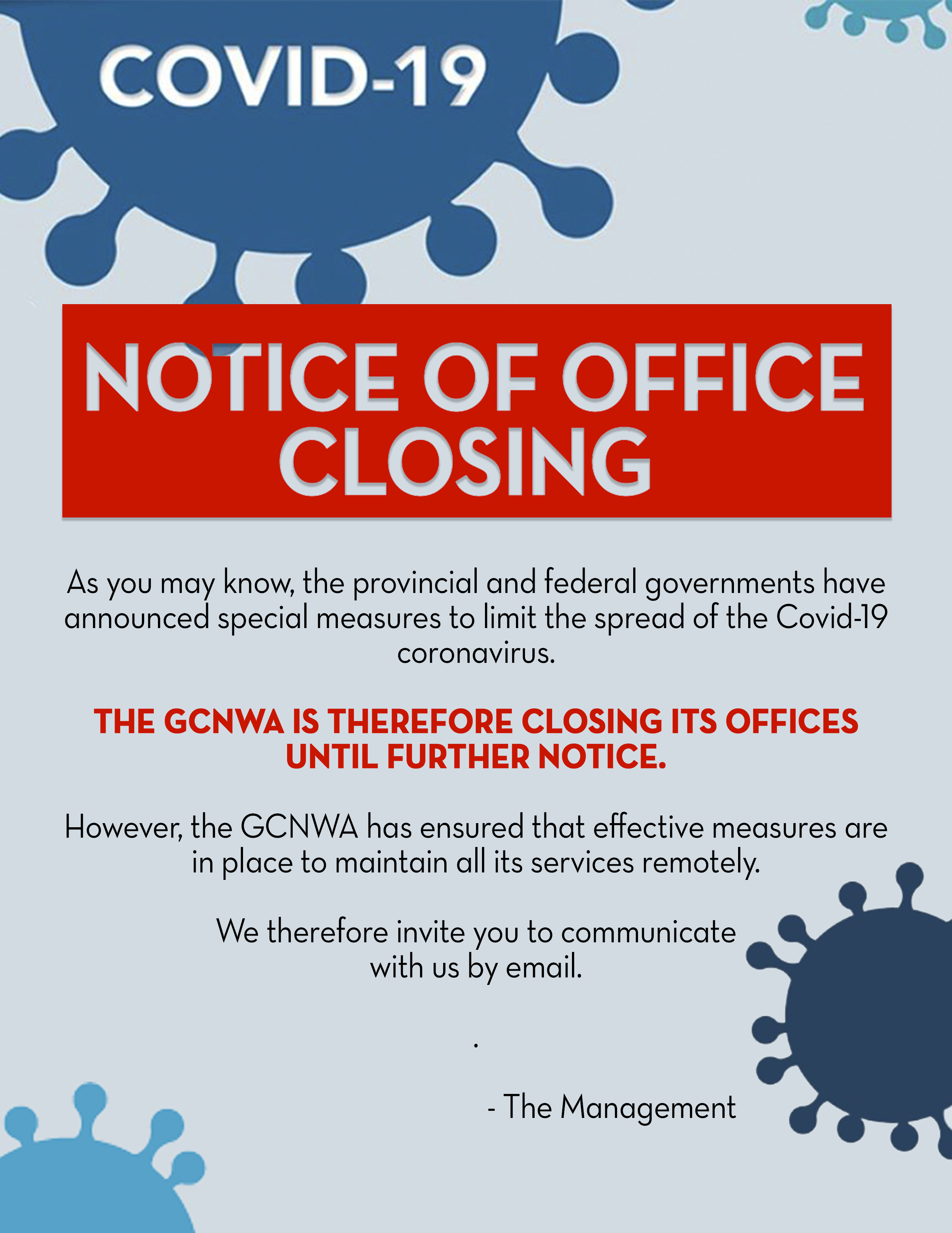 NOTICE OF OFFICE CLOSING - GCNWA